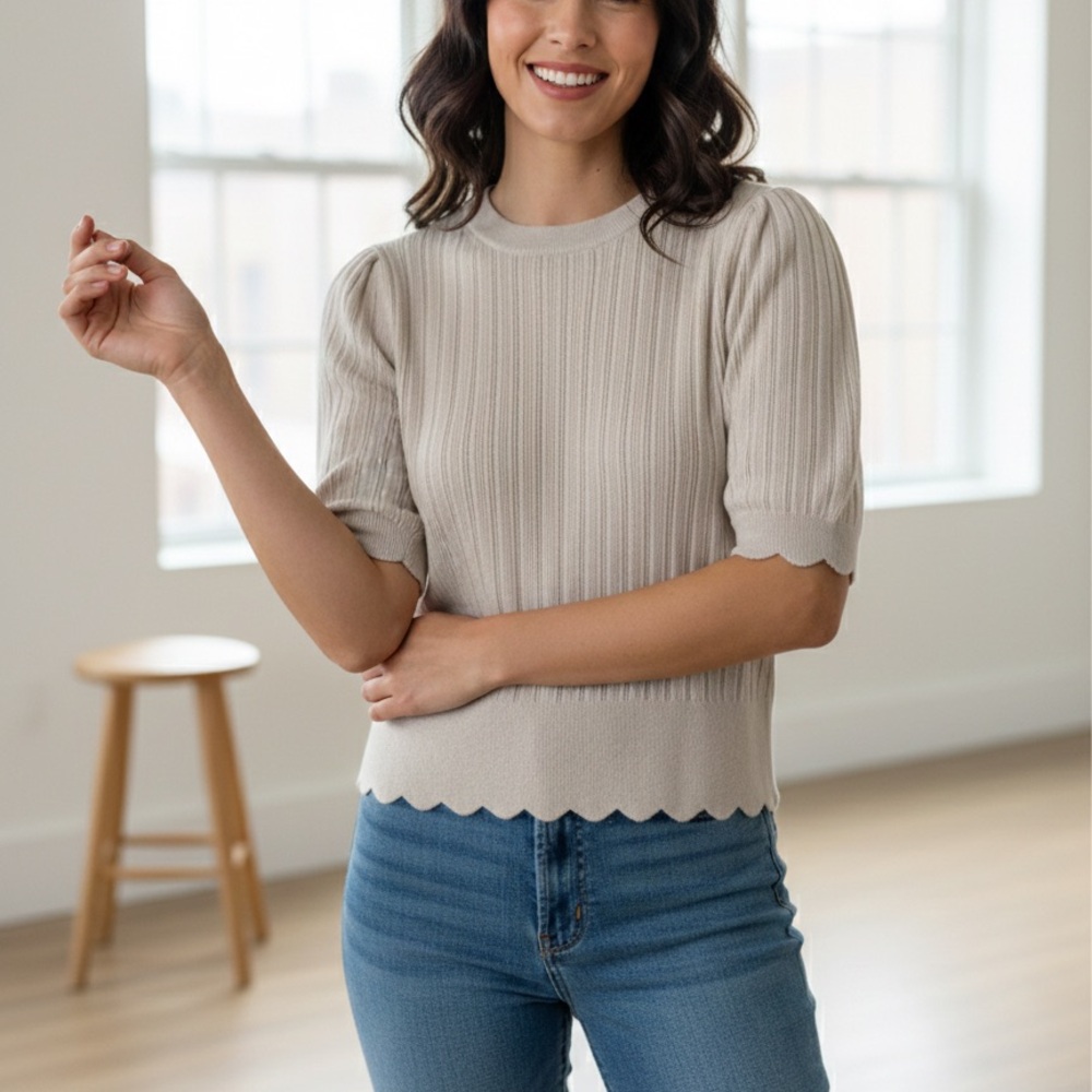 Joie Short Sleeve Ribbed Top - Light Beige